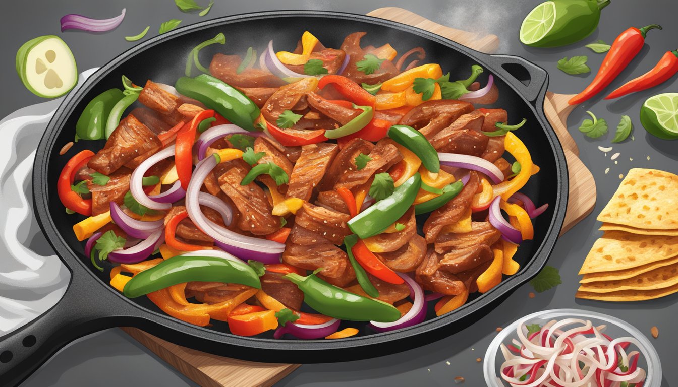 Sizzling fajitas on a hot skillet, with chunks of tangy Sriracha turkey, onions, and bell peppers, emitting spicy aromas