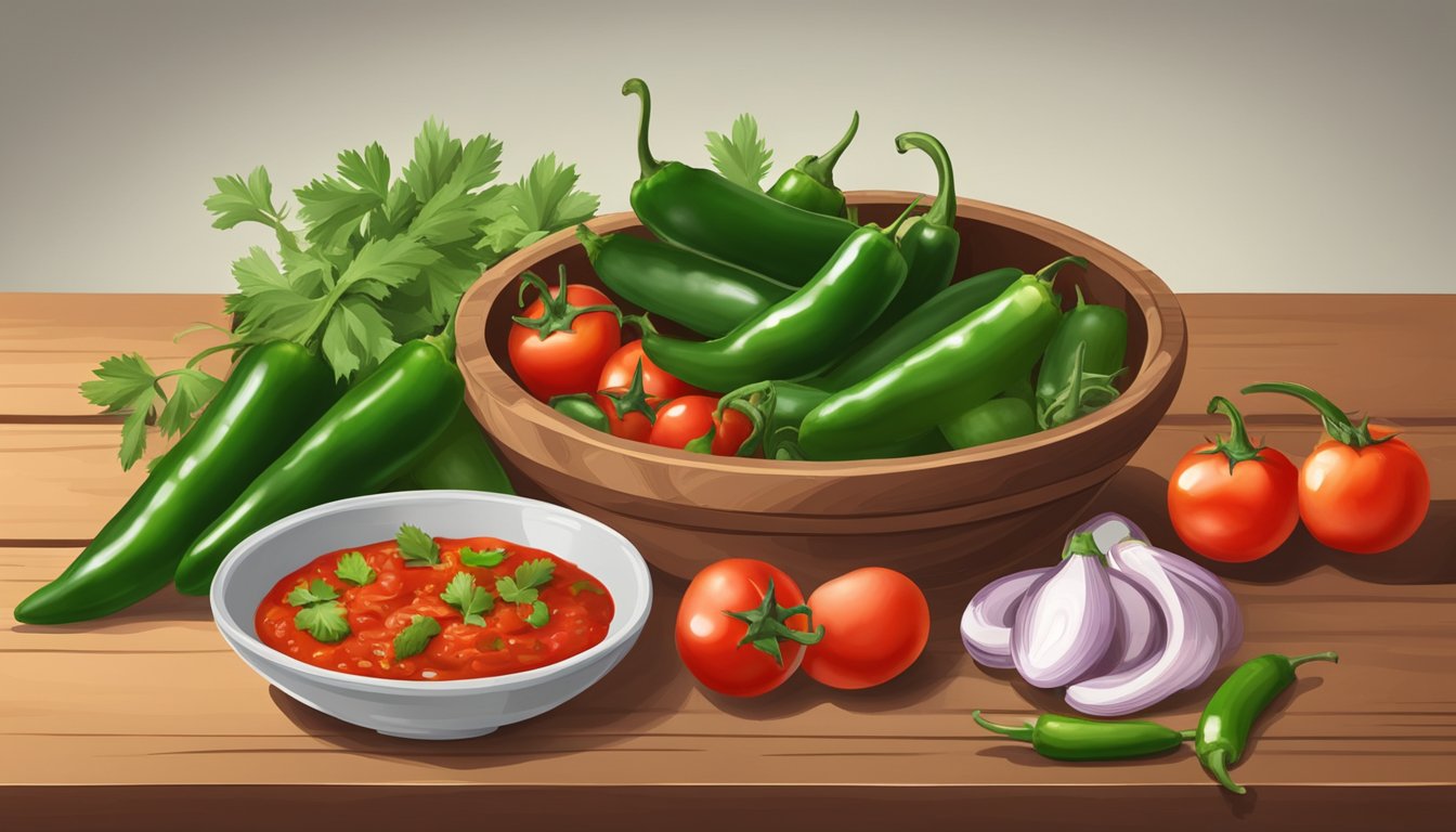 A rustic kitchen table with a bowl of fiery red salsa, surrounded by fresh jalapenos, tomatoes, and cilantro