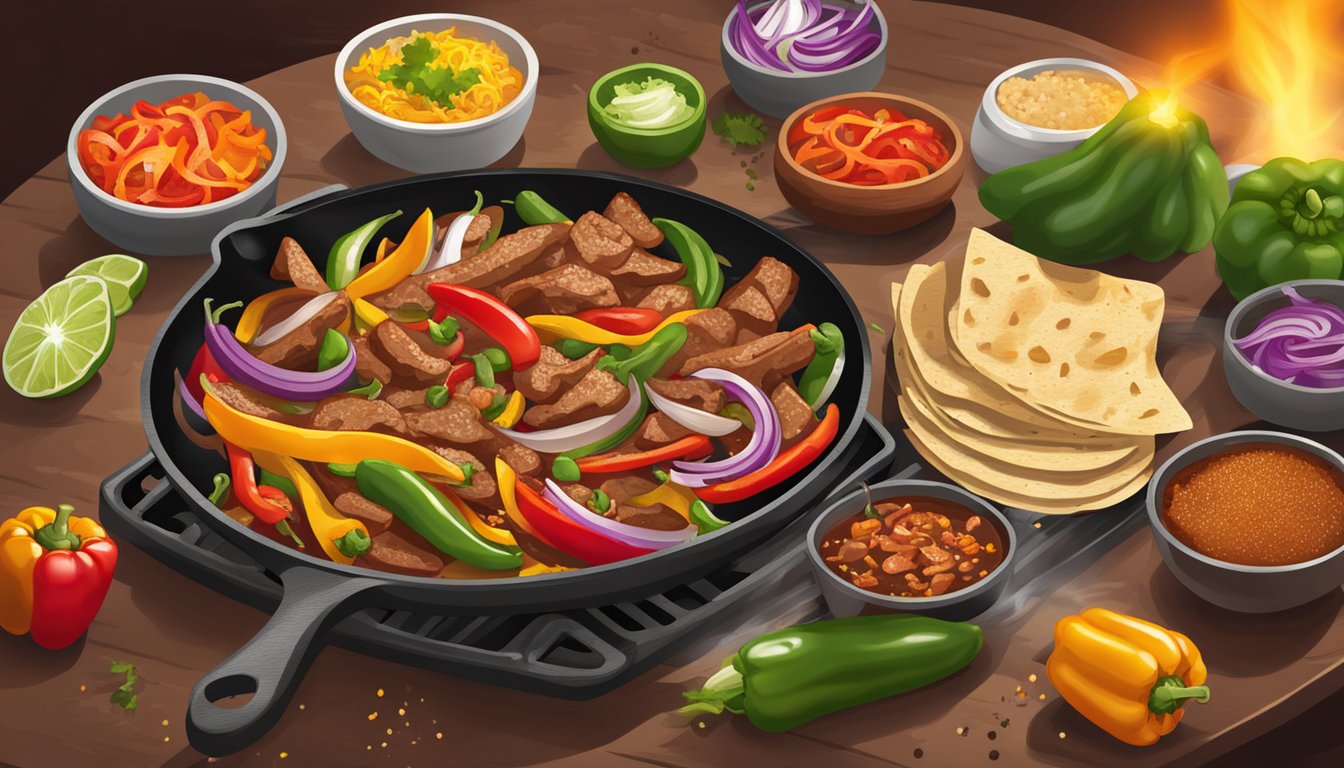 A sizzling skillet of Texas fajitas with colorful bell peppers and onions cooking over an open flame, surrounded by a variety of spicy seasonings and sauces