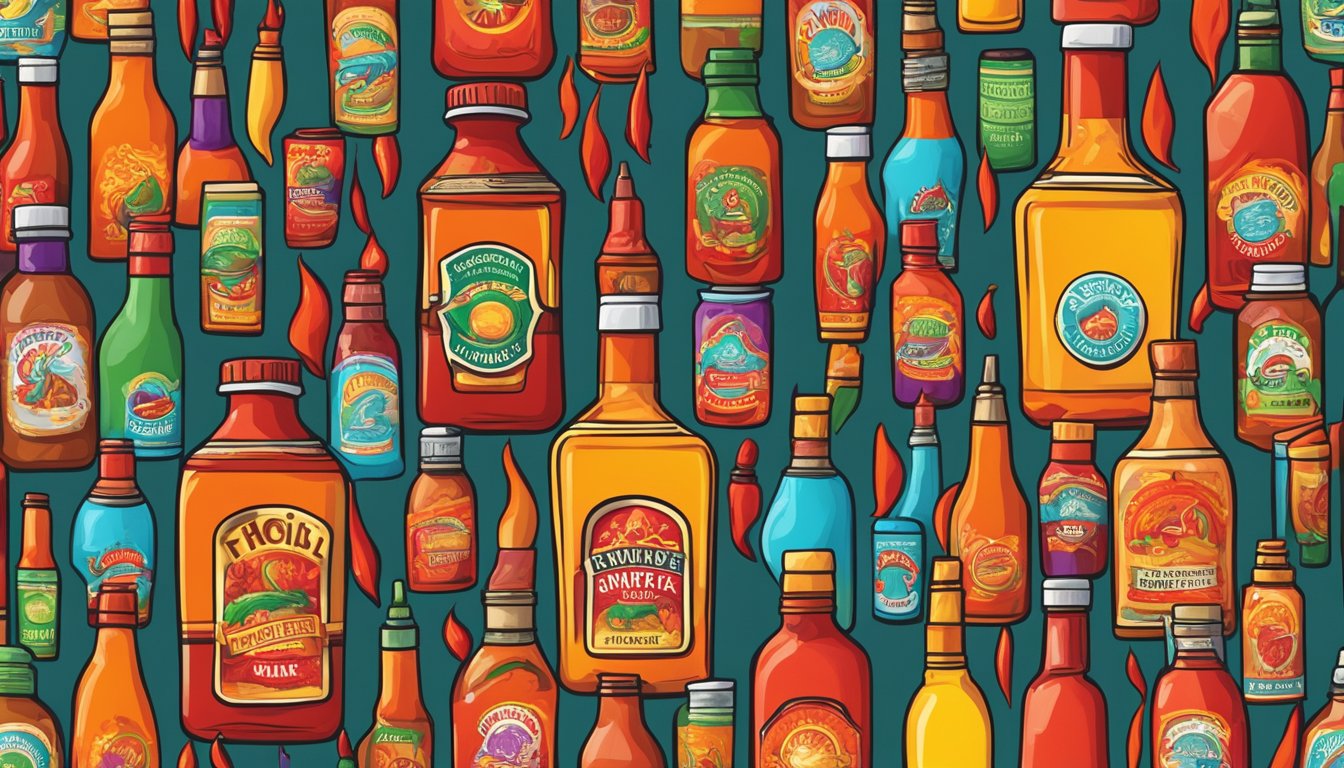 A colorful array of hot sauce bottles arranged in front of a camera, with chili peppers and flames in the background