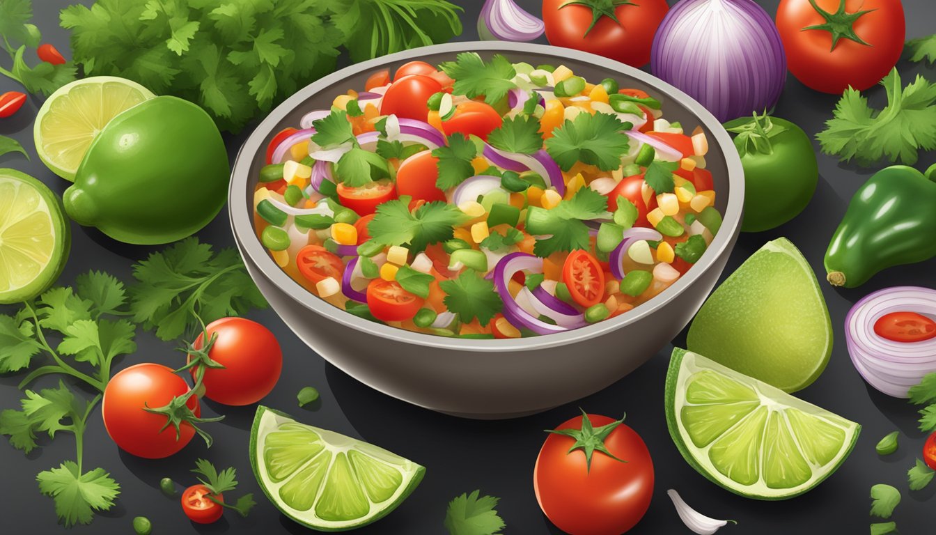 A vibrant bowl of zesty lime cilantro salsa surrounded by fresh ingredients like tomatoes, onions, and jalapenos, with a hint of smoke from the grill in the background