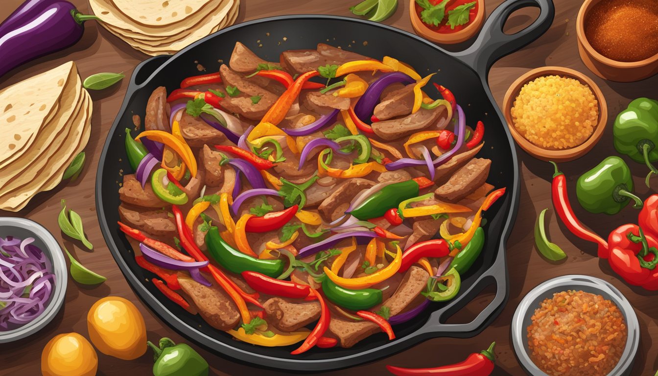 A sizzling skillet of Texas fajitas, emitting spicy aromas with vibrant colors of peppers and onions, surrounded by a variety of bold spices and seasonings