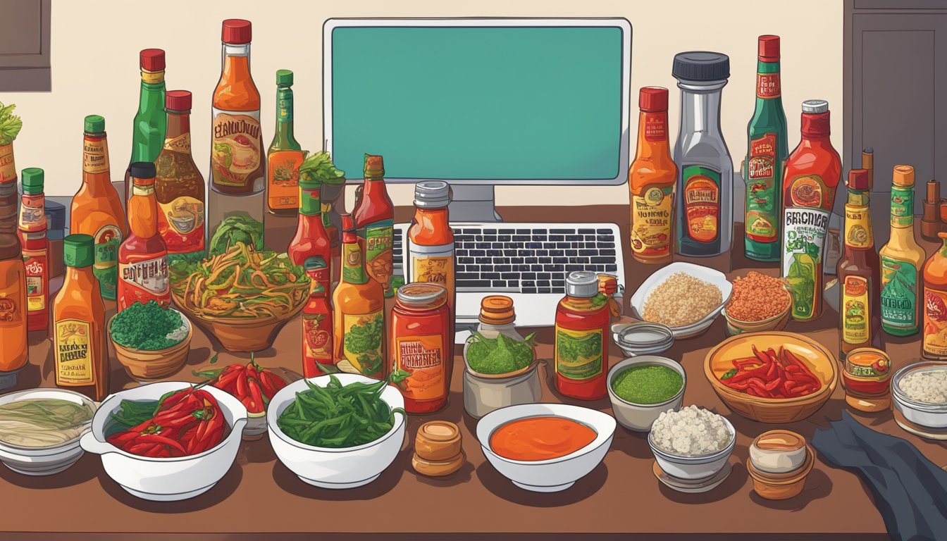 A table filled with various bottles of hot sauce, chili peppers, and spicy dishes, with a computer playing Texas hot sauce YouTube channels in the background