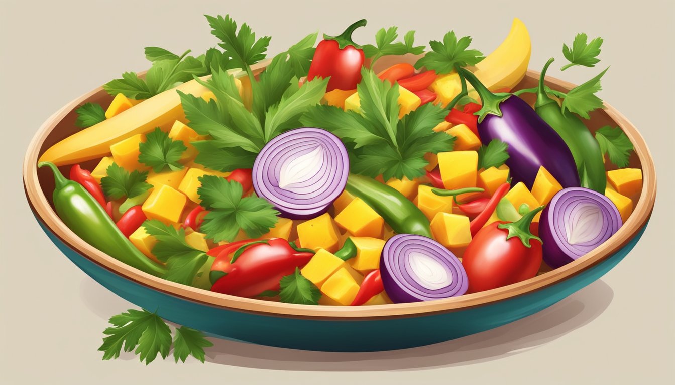 A vibrant salsa bowl with diced onions, mango chunks, and jalapenos, surrounded by colorful chili peppers and cilantro leaves