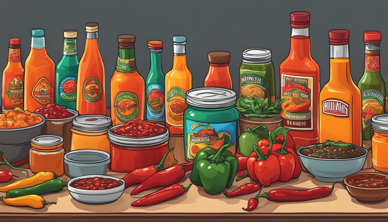 A vibrant array of hot sauce bottles, chili peppers, and spicy food spread out on a table, with a camera and lighting equipment set up for filming