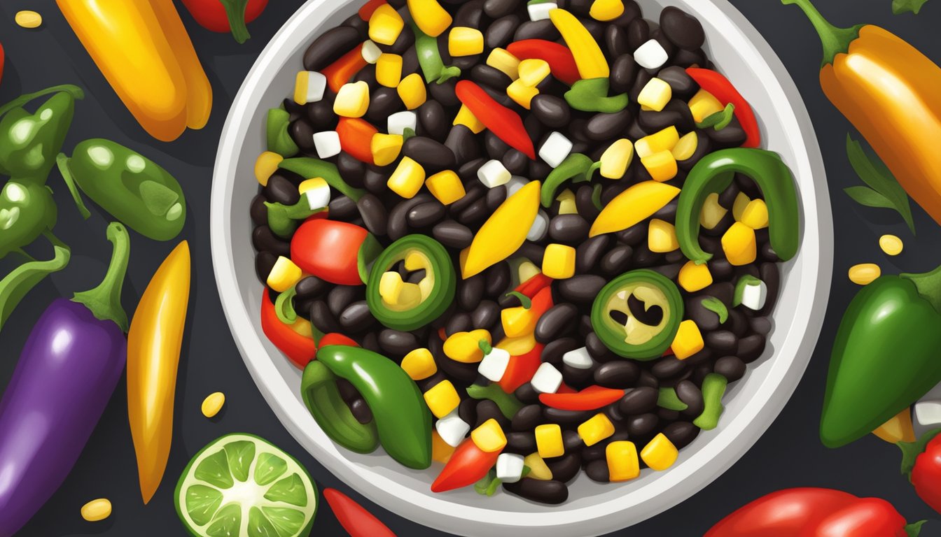 A bowl of spicy black bean corn salsa surrounded by jalapeños and colorful bell peppers