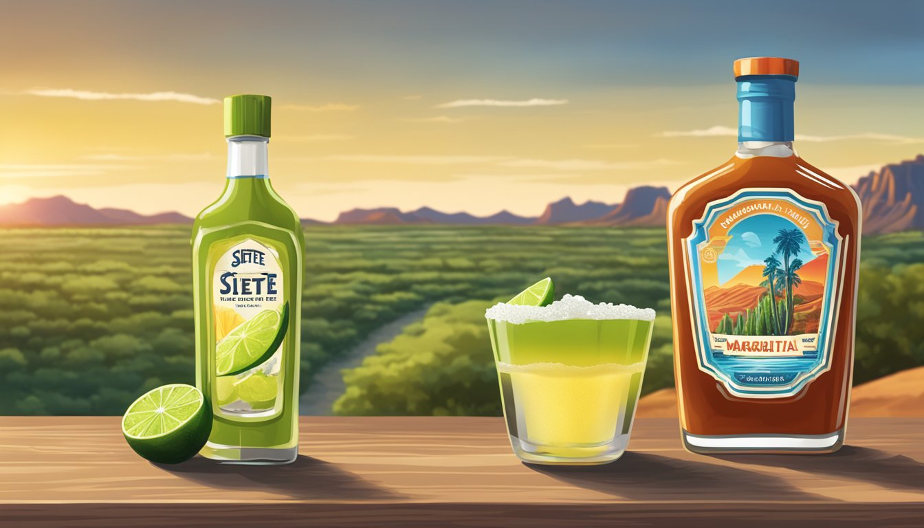 A bottle of Siete Traditional Hot Sauce next to a margarita glass with lime and salt on the rim, set against a backdrop of a Texas landscape