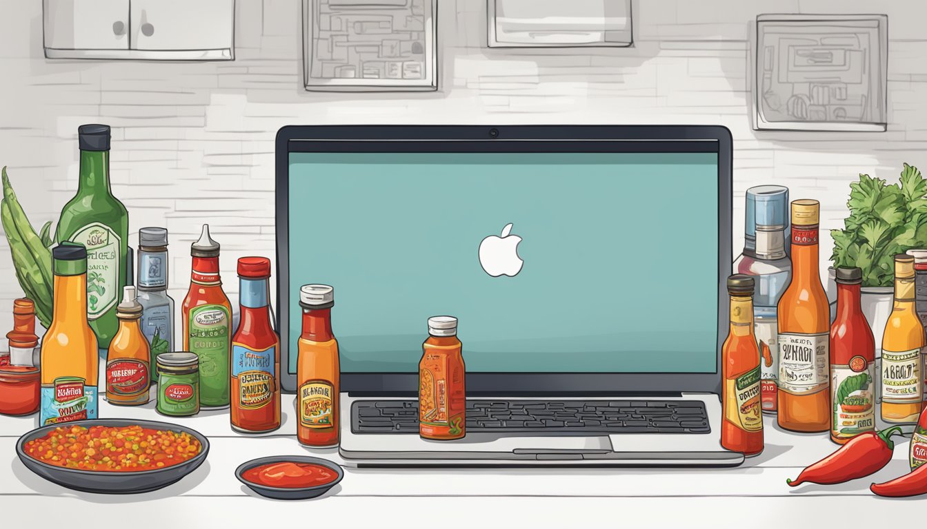 A table filled with various bottles of hot sauce, peppers, and salsa ingredients, with a laptop playing a spicy content YouTube channel