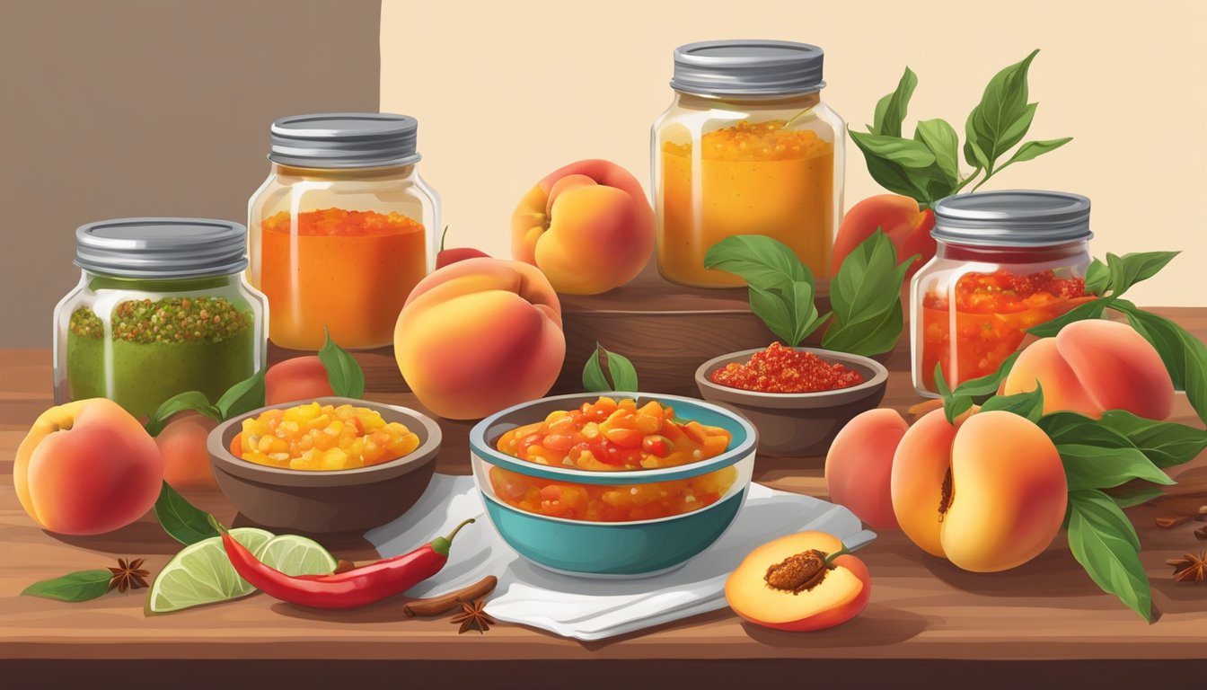 A table spread with ripe peaches, fiery chilies, and colorful spices, surrounded by jars of homemade salsa