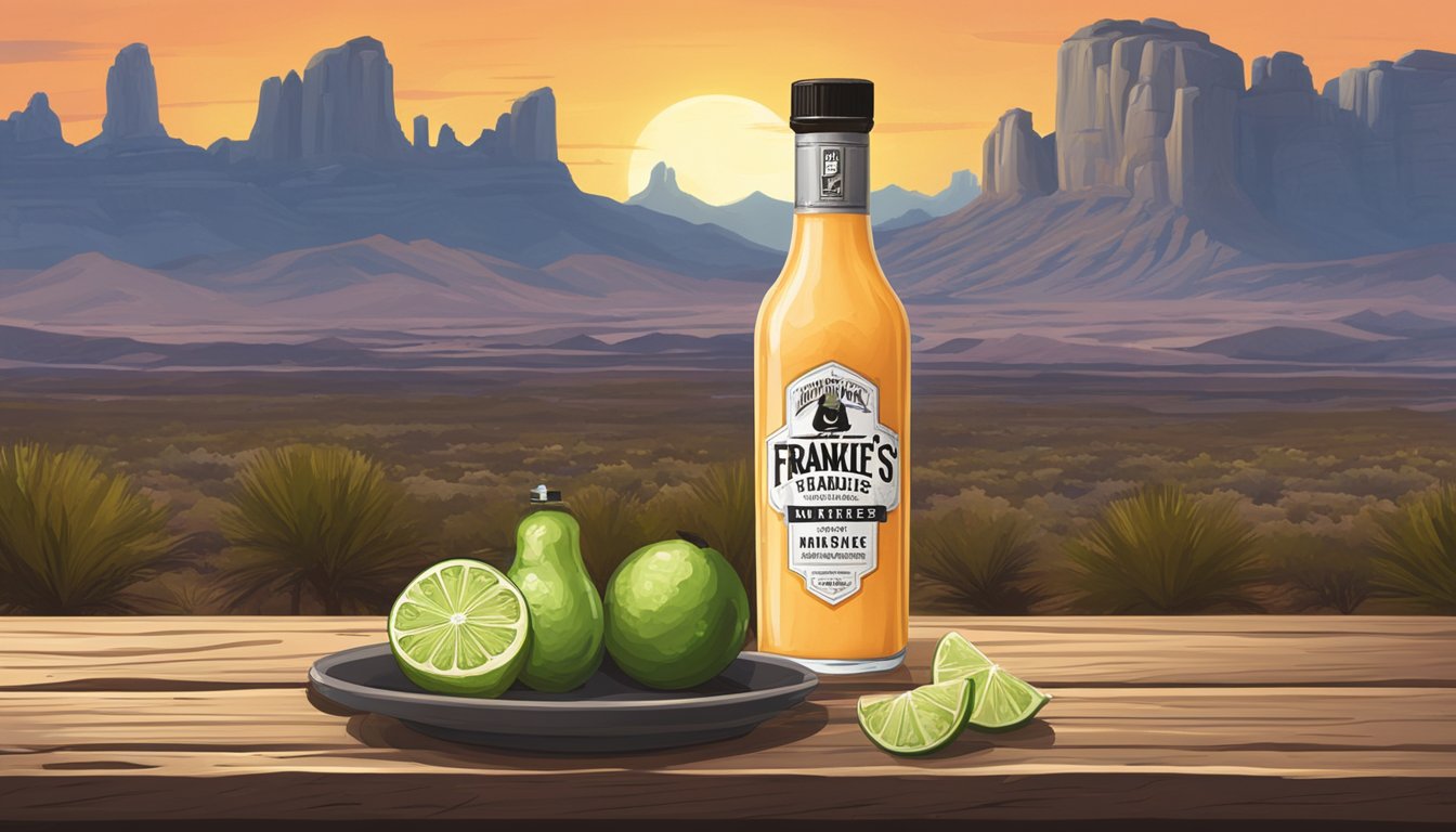 A bottle of "Frankie V's Spooky White" hot sauce next to a glass of margarita on a rustic wooden table, with a backdrop of a Texan desert landscape