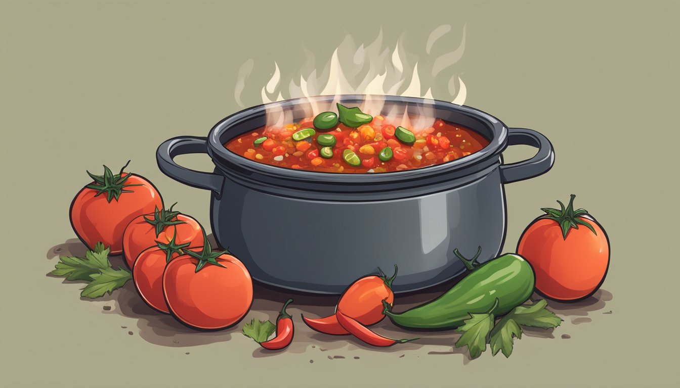 A bubbling pot of spicy Texas salsa simmers over a crackling fire, surrounded by fresh tomatoes, fiery jalapeños, and aromatic cilantro