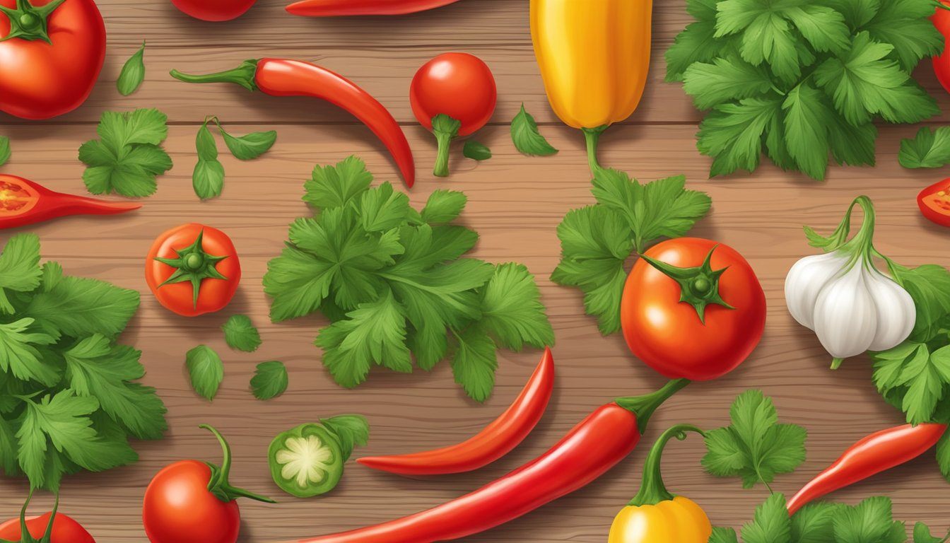 A vibrant red chili pepper, ripe tomatoes, and fresh cilantro arranged on a wooden cutting board