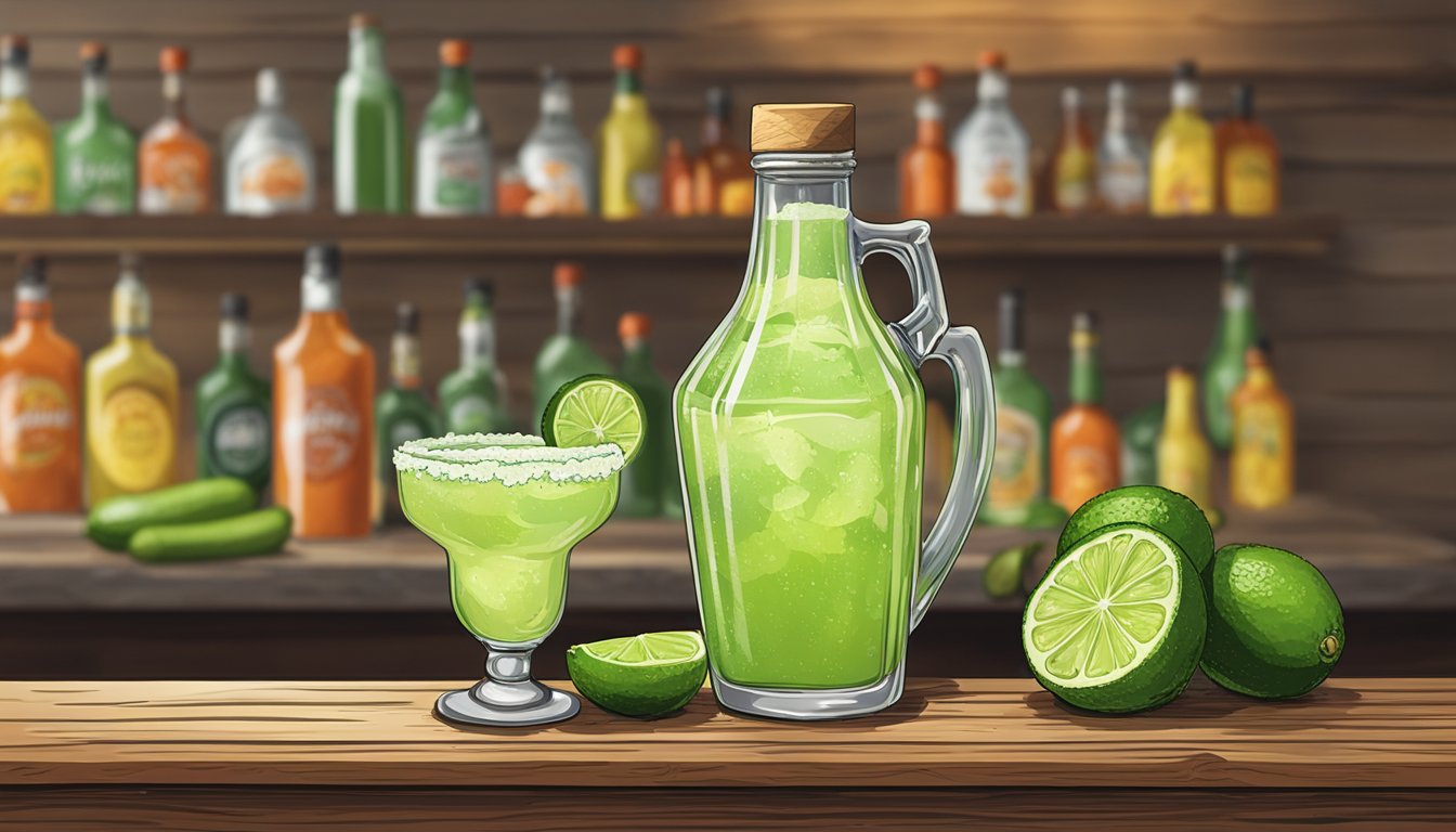 A pitcher of lime cucumber margarita sits next to a bottle of Texas hot sauce on a rustic wooden bar counter