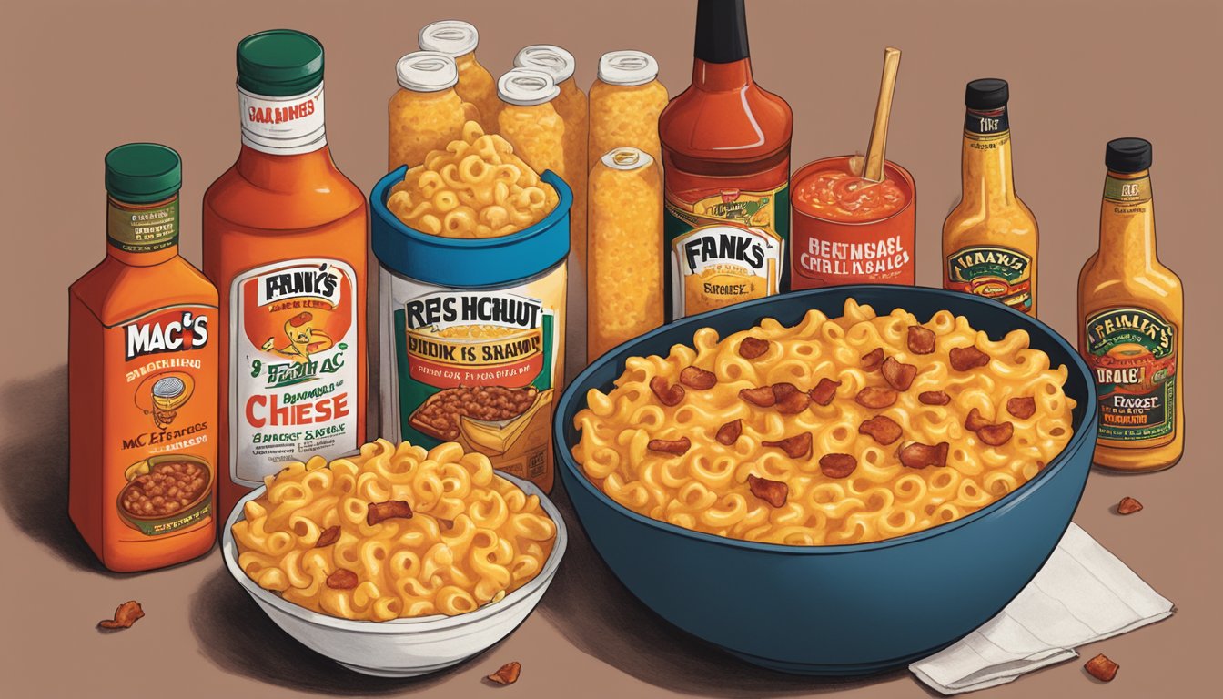 A steaming bowl of mac and cheese topped with Frank's RedHot Original with Bacon, surrounded by bottles of hot sauce