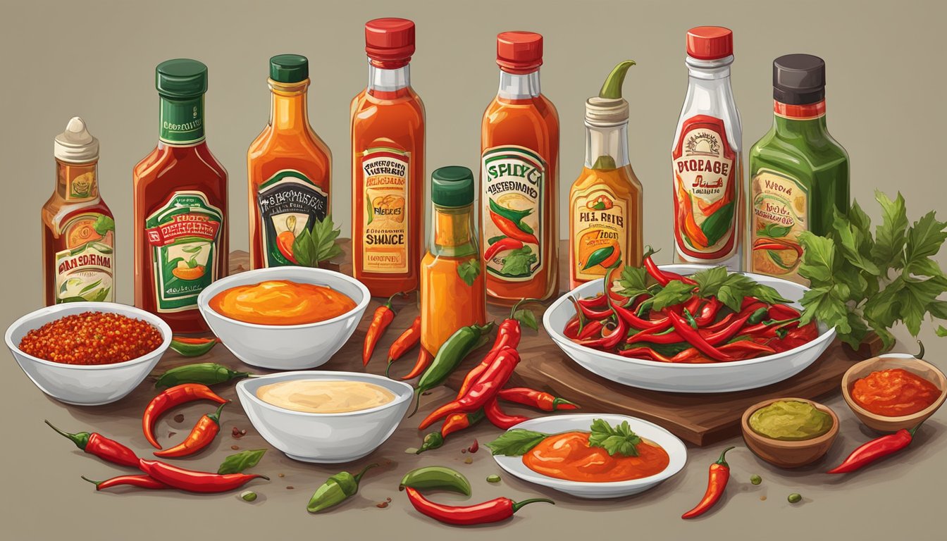 A table with various bottles of hot sauce, surrounded by chili peppers and other spicy ingredients