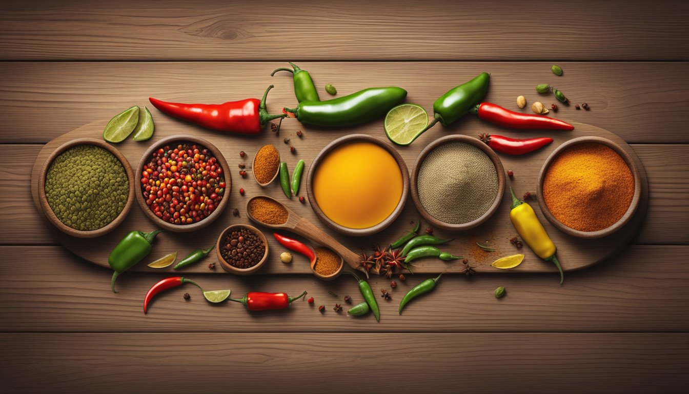 A colorful array of TexMex spices and hot sauces arranged on a rustic wooden table, with vibrant chili peppers and jalapeños scattered around