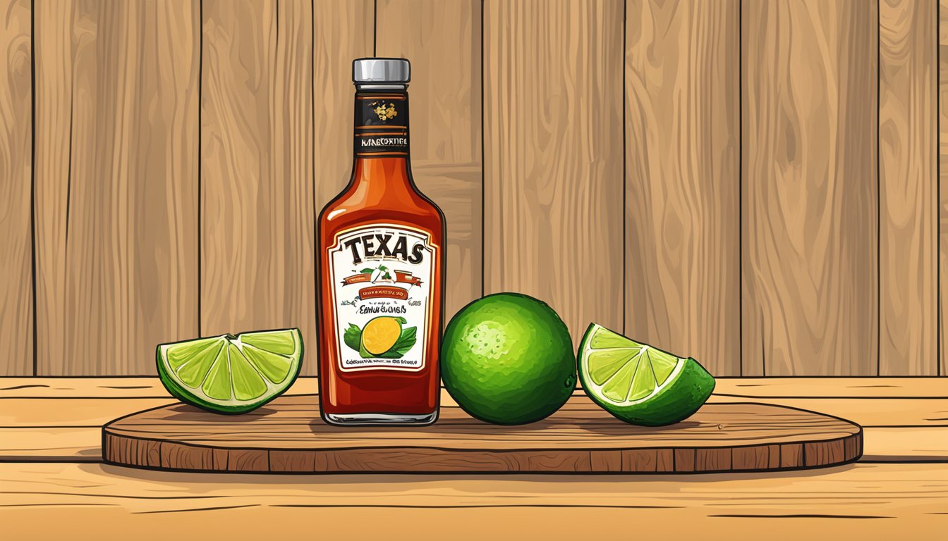 A bottle of Texas hot sauce next to a glass of margarita with lime garnish on a wooden table