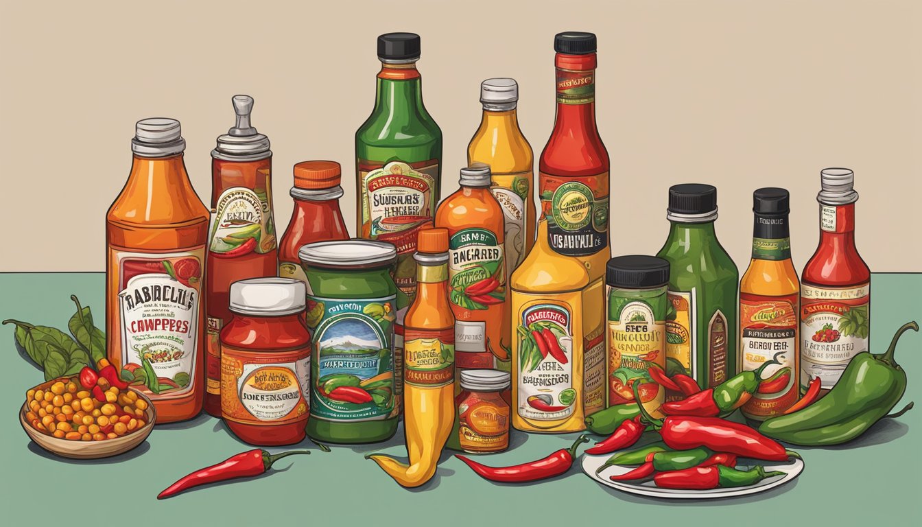 A table filled with assorted hot peppers, bottles of hot sauce, and tangy condiments arranged in an eye-catching display