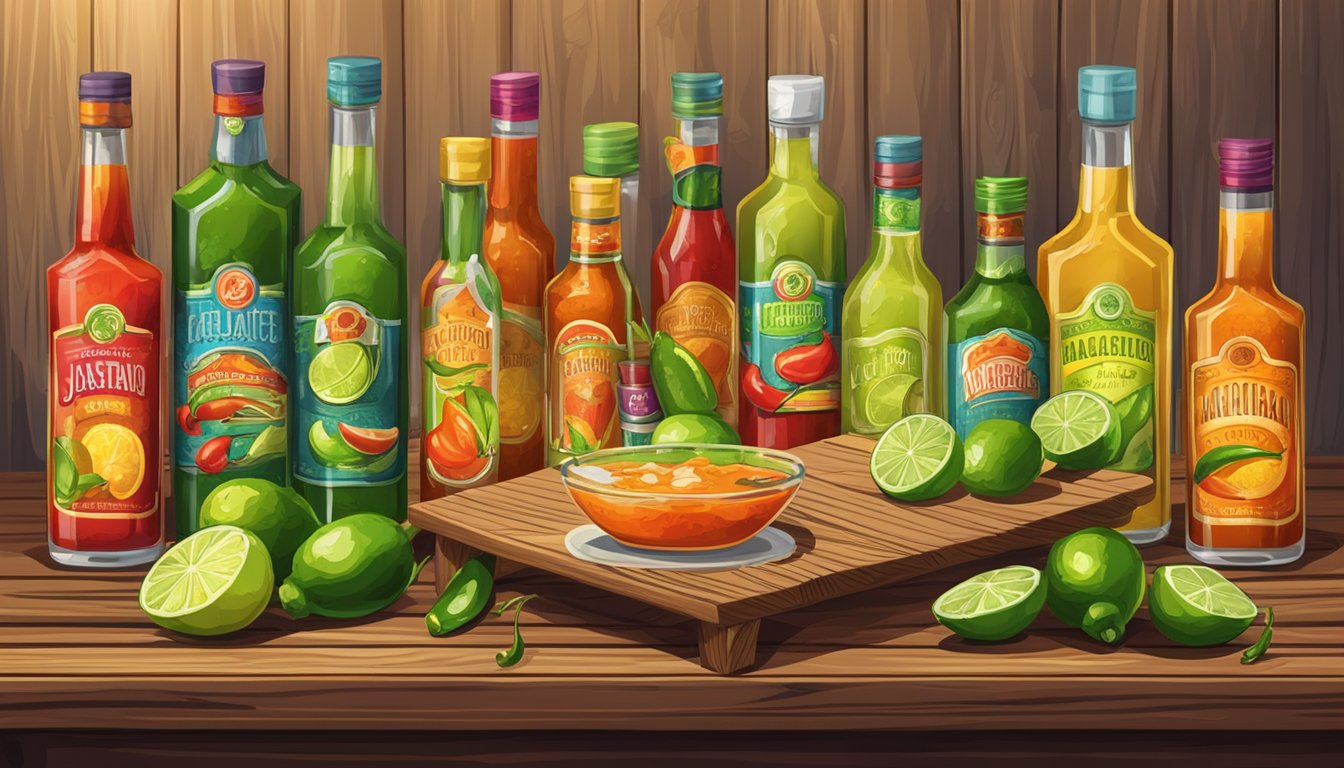 A rustic wooden table set with a variety of colorful bottles of hot sauce and margarita glasses, surrounded by slices of lime and jalapeños