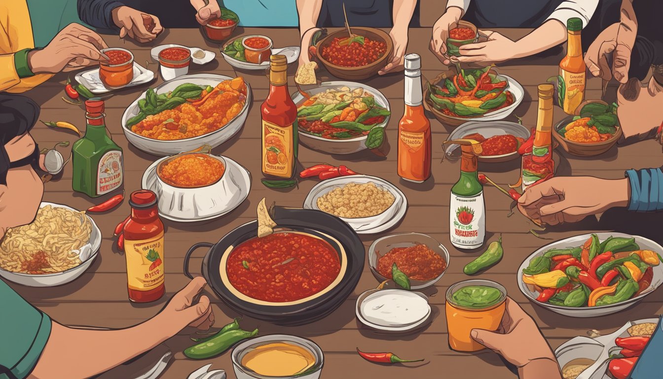 A table filled with various bottles of hot sauce, chili peppers, and spicy dishes, surrounded by a group of people tasting and reviewing the products