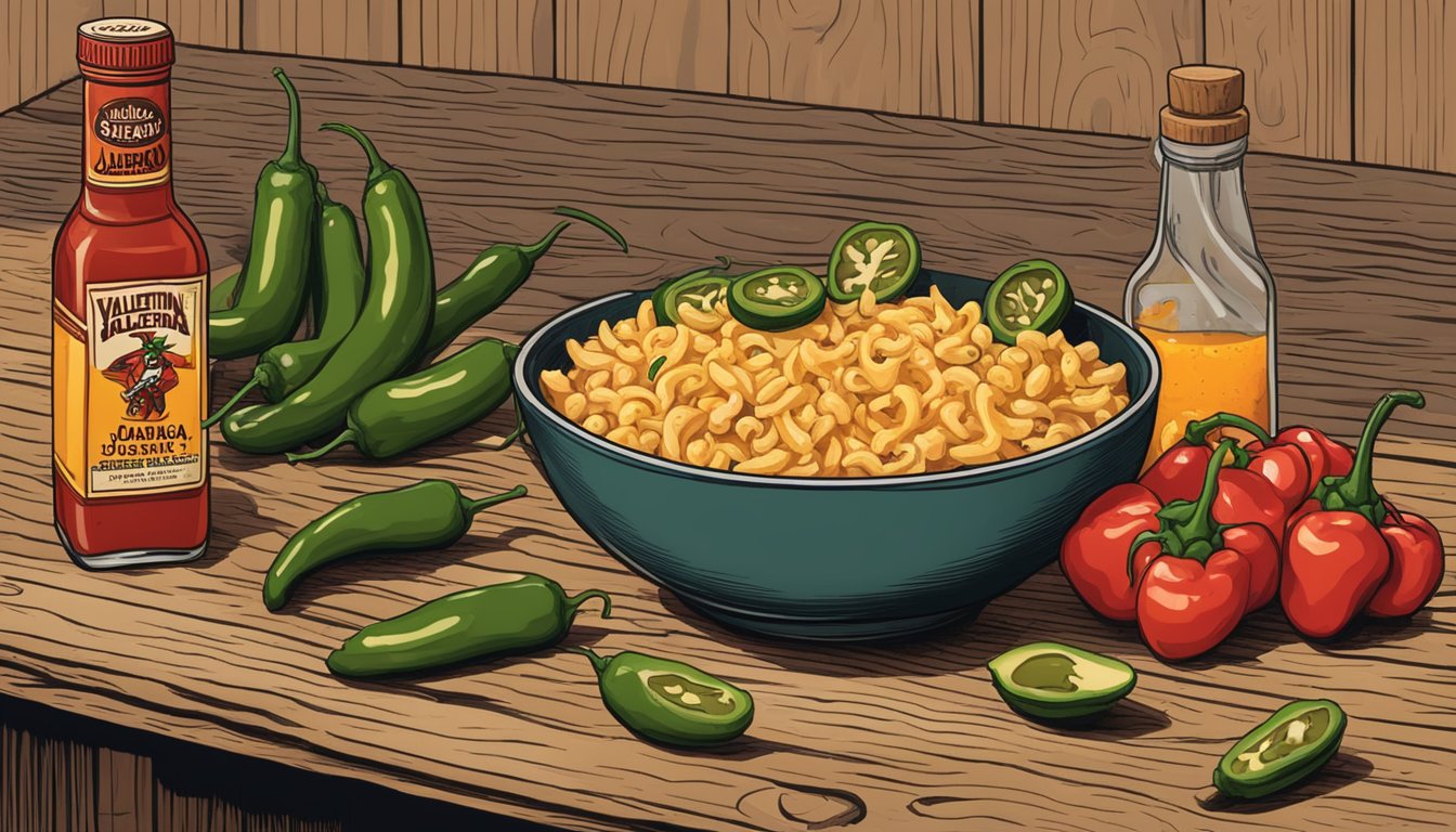 A steaming bowl of Valentina Extra Hot with Jalapeño Cheddar Mac sits on a rustic wooden table, surrounded by scattered jalapeños and a bottle of Texas hot sauce