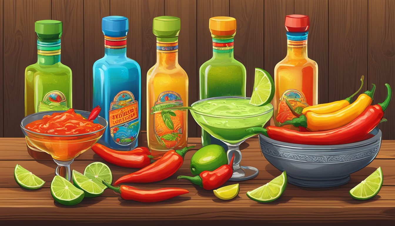 A spread of spicy hot sauce bottles and colorful margarita glasses on a wooden table, surrounded by vibrant chili peppers and lime slices