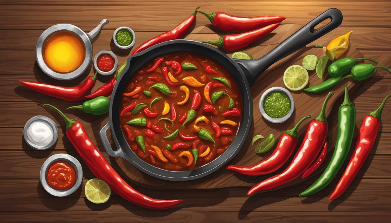 A sizzling skillet of spicy Texas chili peppers and assorted hot sauces on a rustic wooden table