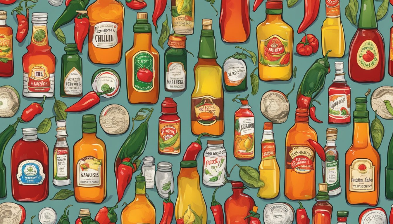 A table with various bottles of hot sauce, peppers, and chili peppers arranged in an artistic display