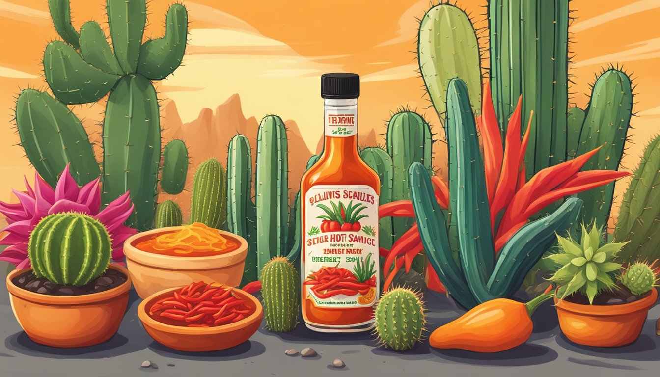 A sizzling hot sauce bottle surrounded by fiery chili peppers and cacti under the scorching Texas sun