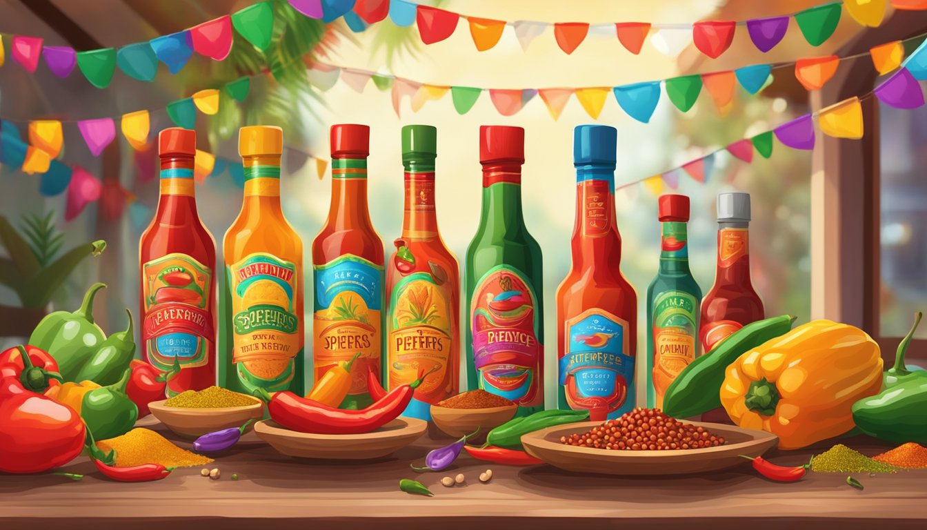 A vibrant fiesta scene with various bottles of hot sauce, chili peppers, and colorful spices arranged on a table, with festive decorations in the background