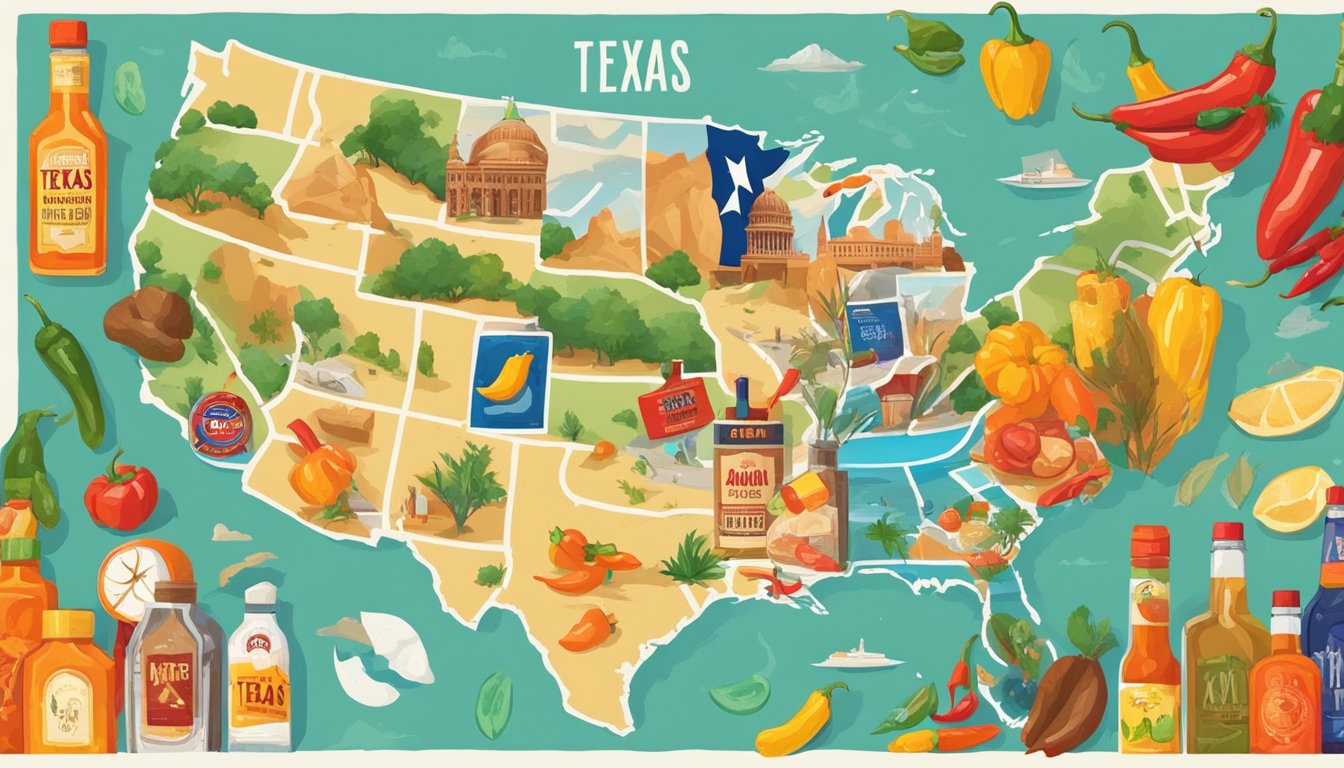 A colorful map of Texas with various hot sauce bottles and peppers scattered around, surrounded by a collection of travel photos and souvenirs