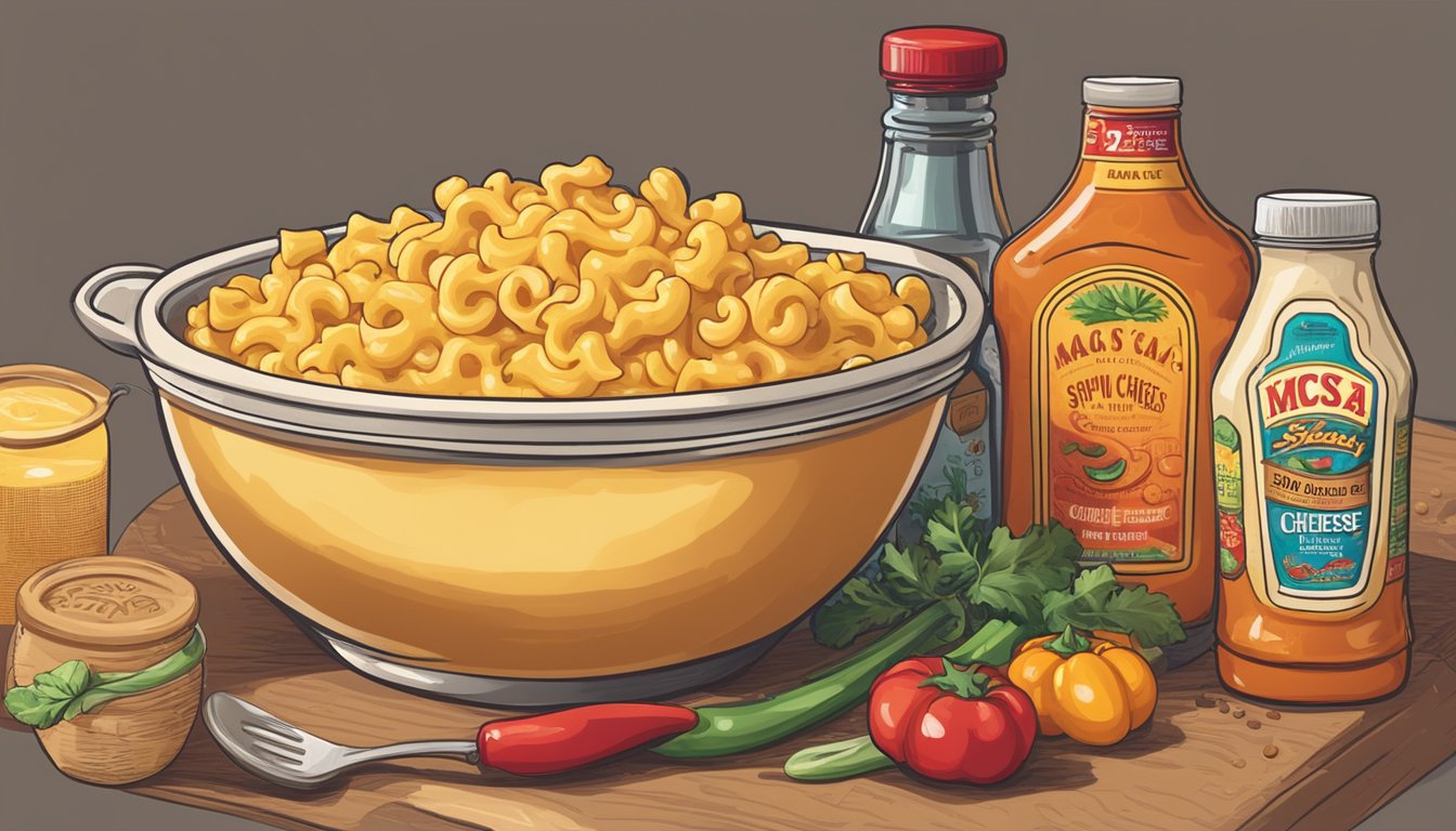 A steaming bowl of creamy mac and cheese sits next to a bottle of spicy Texas hot sauce, surrounded by colorful ingredients and cooking utensils