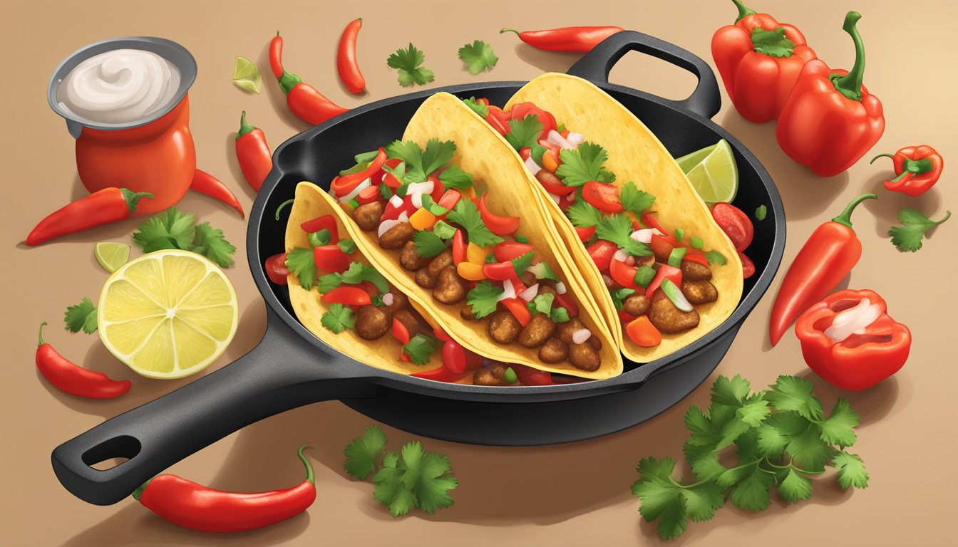 A sizzling skillet of Pico de Gallo Potato Tacos, steam rising, surrounded by vibrant chili peppers and fresh cilantro