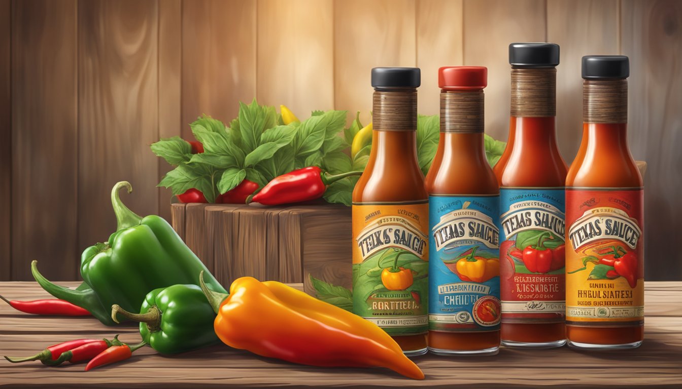 A group of Texas hot sauce bottles arranged on a rustic wooden table, with colorful peppers and chili plants in the background