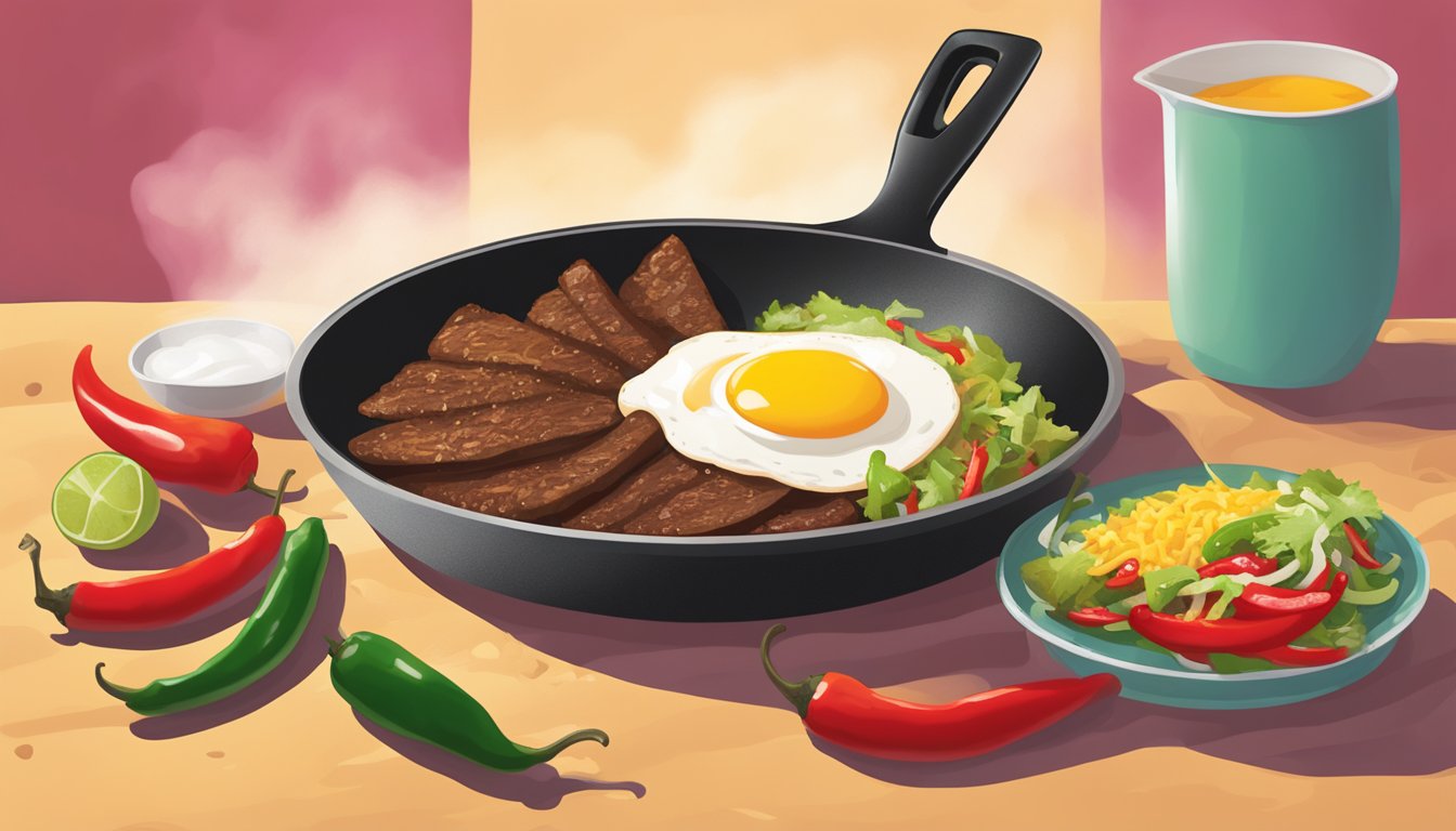 A sizzling skillet holds a steaming brisket and egg taco, surrounded by fiery red and green chili peppers