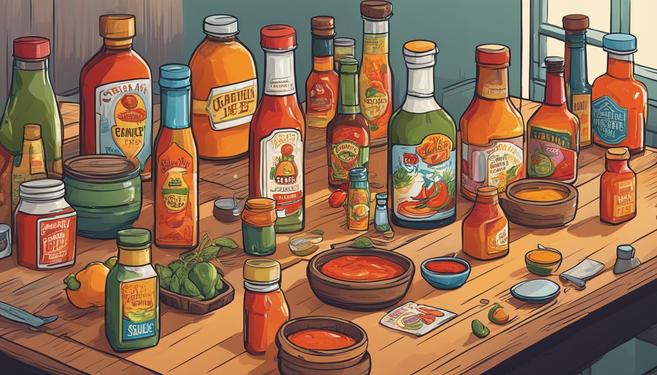 A group of hot sauce enthusiasts gather around a table, sampling and discussing various hot sauces. Bottles and jars of different shapes and sizes are displayed on the table, with colorful labels and unique designs