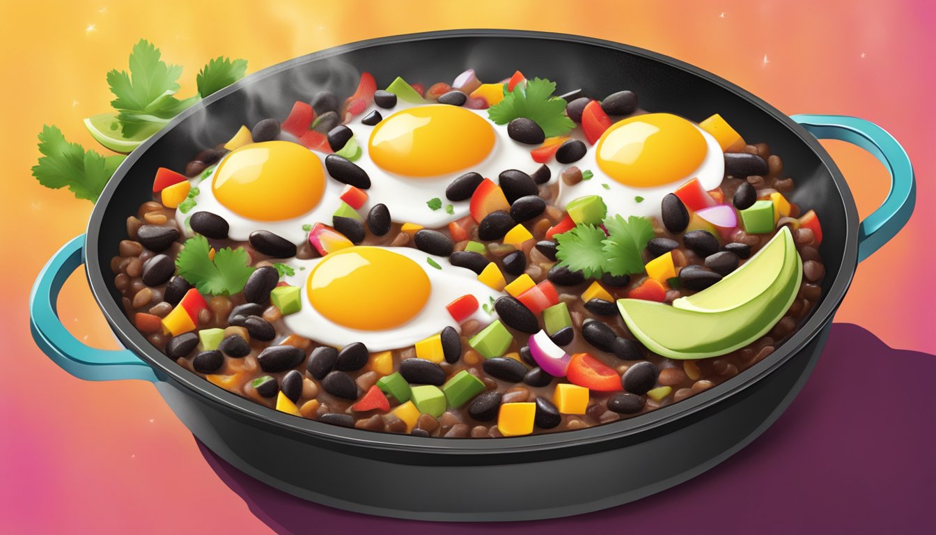 A sizzling skillet of spicy black bean breakfast tacos, with steam rising and vibrant toppings