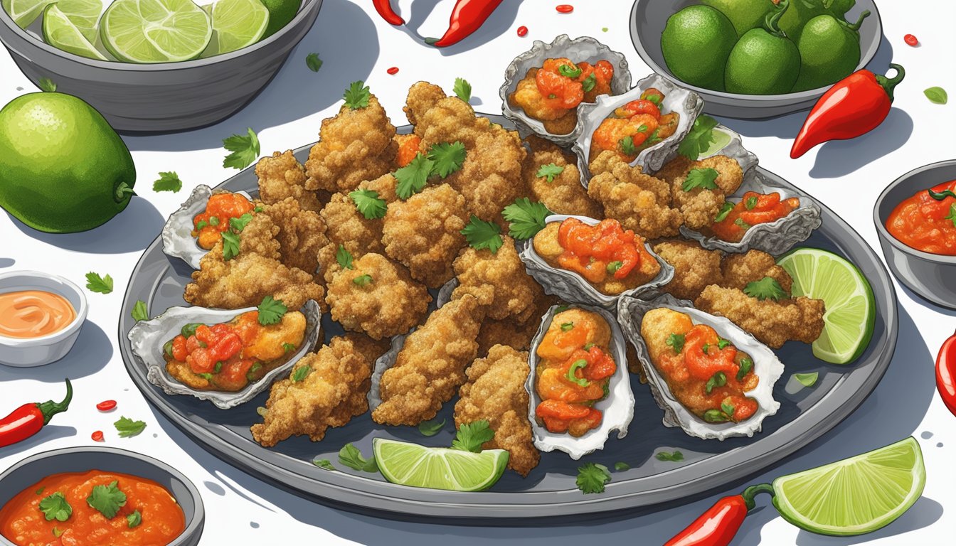 Fried oysters drizzled with Salsa Maya Habanero Crema, surrounded by vibrant hot peppers and a squeeze of lime