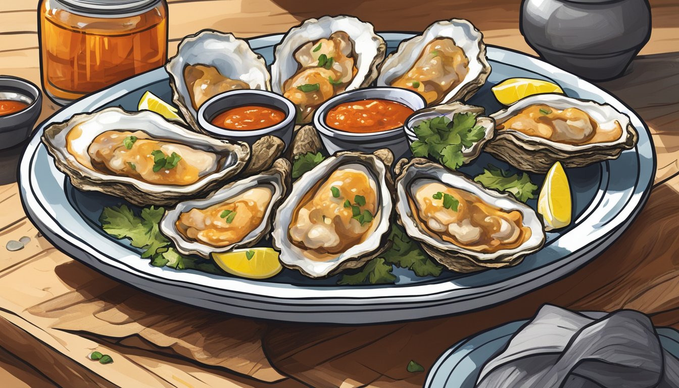 A plate of chargrilled oysters with a drizzle of Cholula Original hot sauce