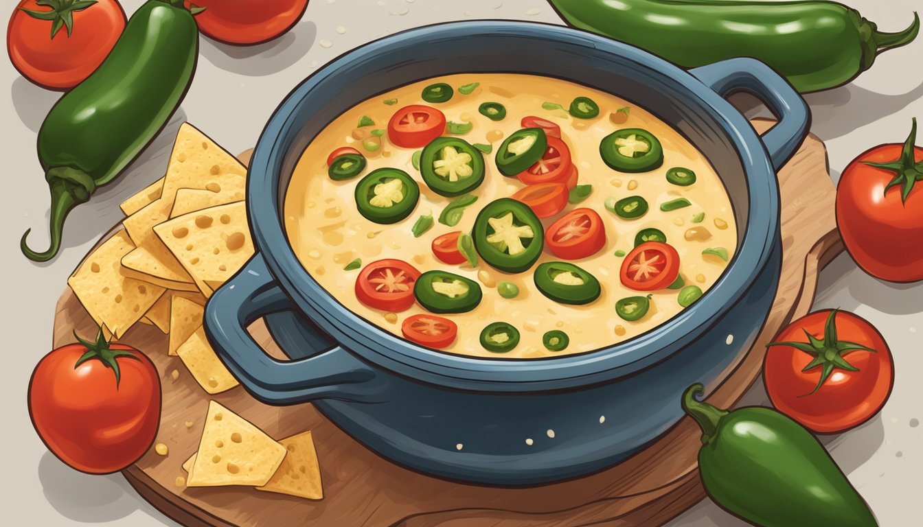 A bubbling pot of spicy queso with chunks of jalapenos and tomatoes