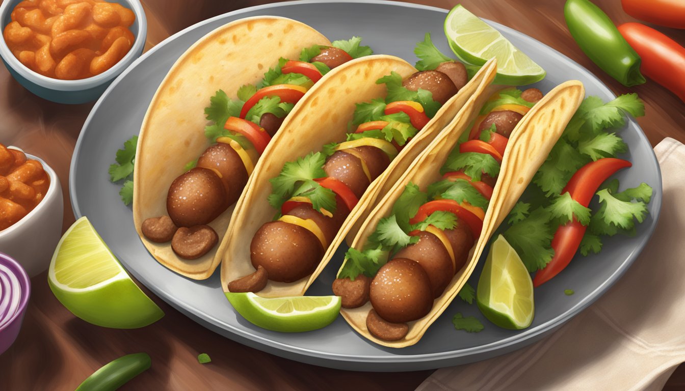 A plate of sizzling chipotle sausage tacos with steam rising