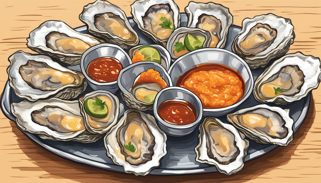 A plate of raw oysters drizzled with extra hot Texas hot sauce