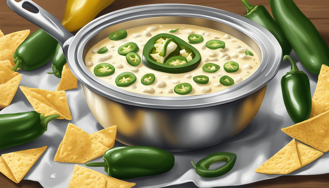 A bubbling pot of jalapeño queso blanco surrounded by tortilla chips and fresh jalapeños