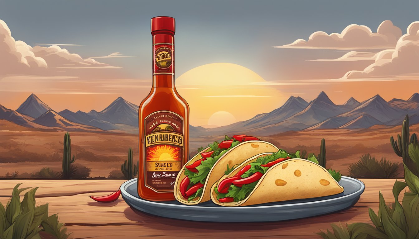 A sizzling hot sauce taco with fiery red peppers, surrounded by a rustic Texas landscape