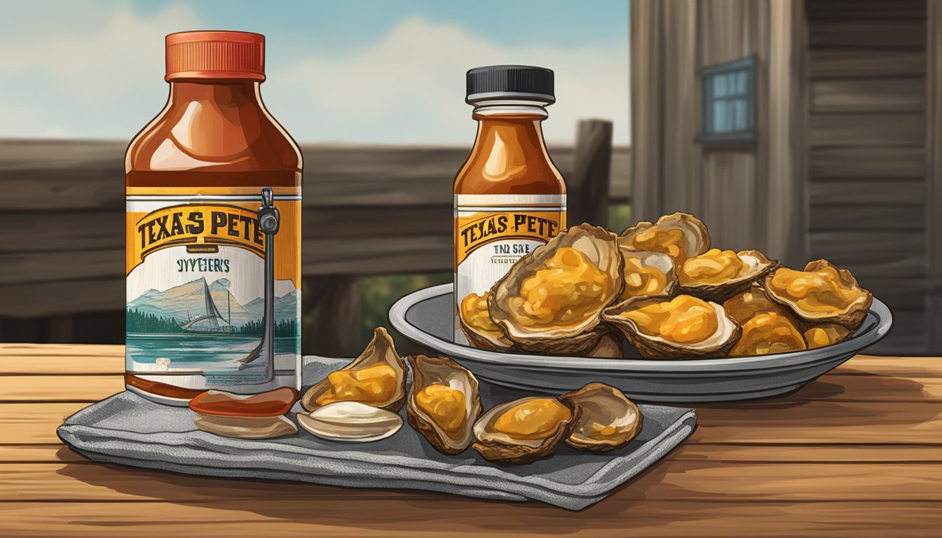 A bottle of Texas Pete Hot Sauce next to a can of smoked oysters on a rustic wooden table