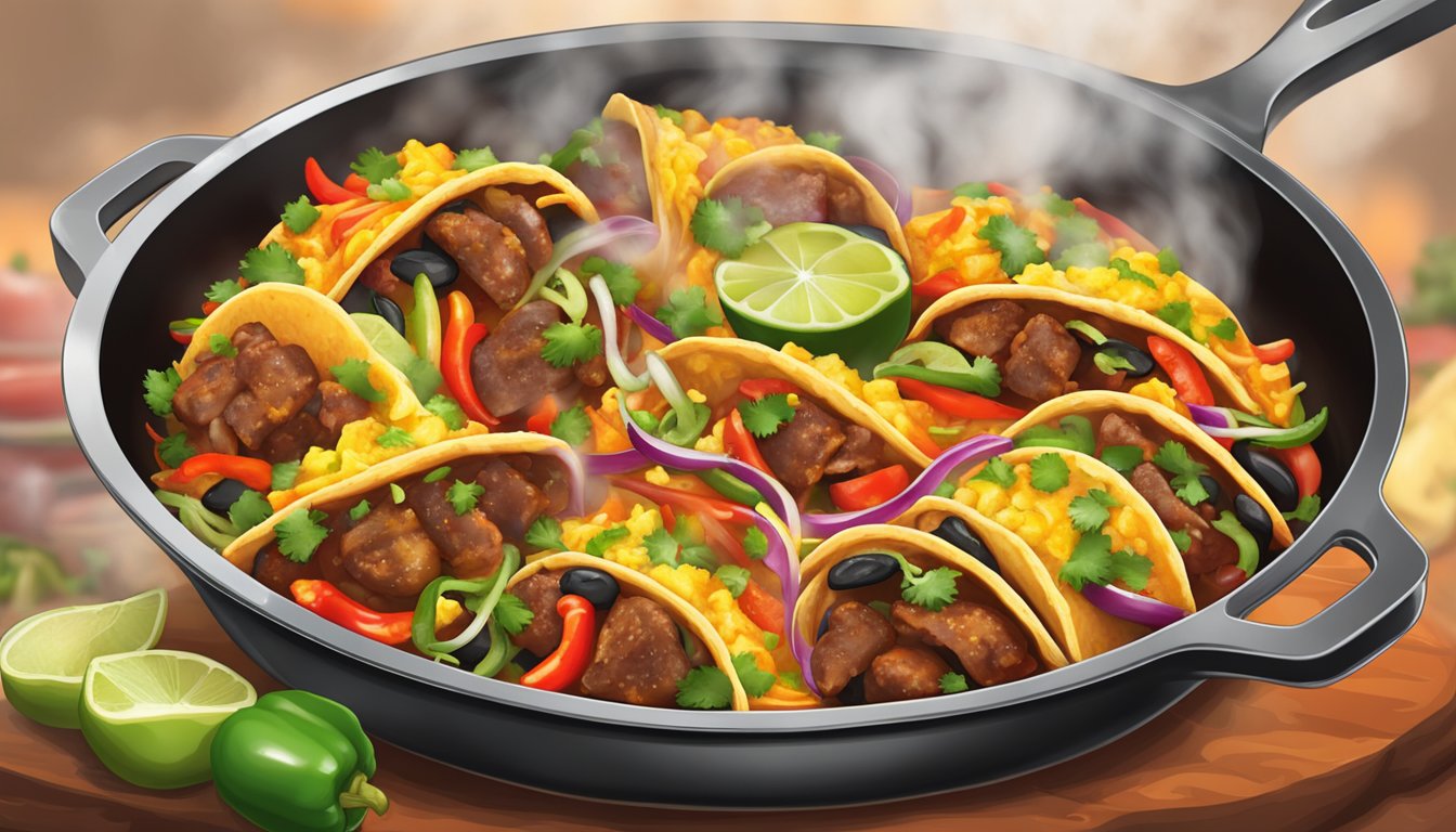 A sizzling skillet holds a variety of spicy breakfast tacos, with steam rising and the aroma of sizzling meat and peppers filling the air