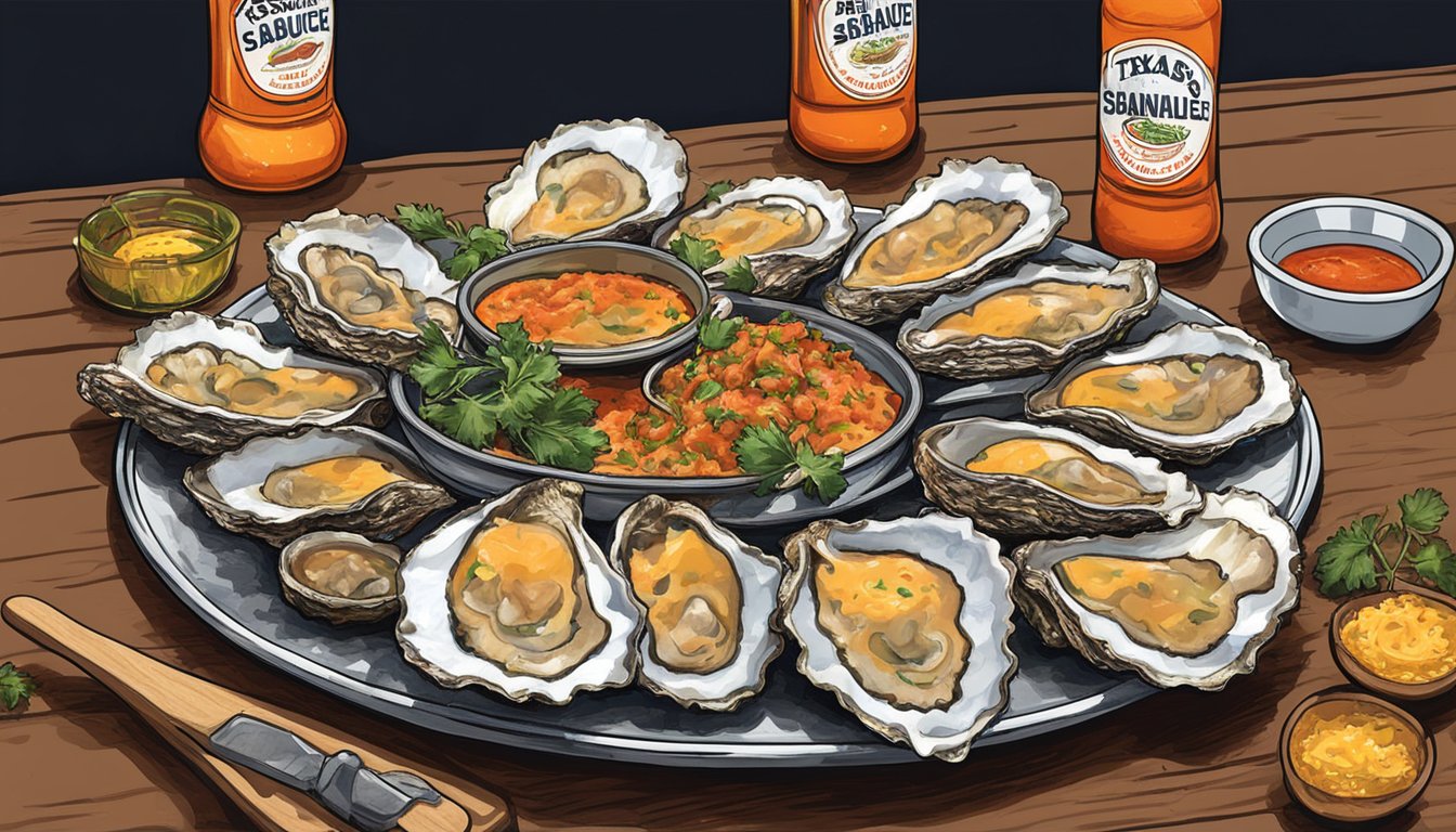 A platter of oysters Bienville drizzled with Sriracha, surrounded by bottles of Texas hot sauce