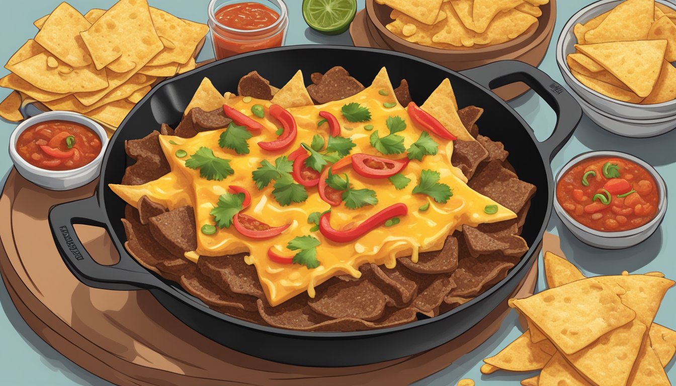 A bubbling cast iron skillet filled with melted cheese, chunks of tender brisket, and spicy peppers, surrounded by tortilla chips and salsa