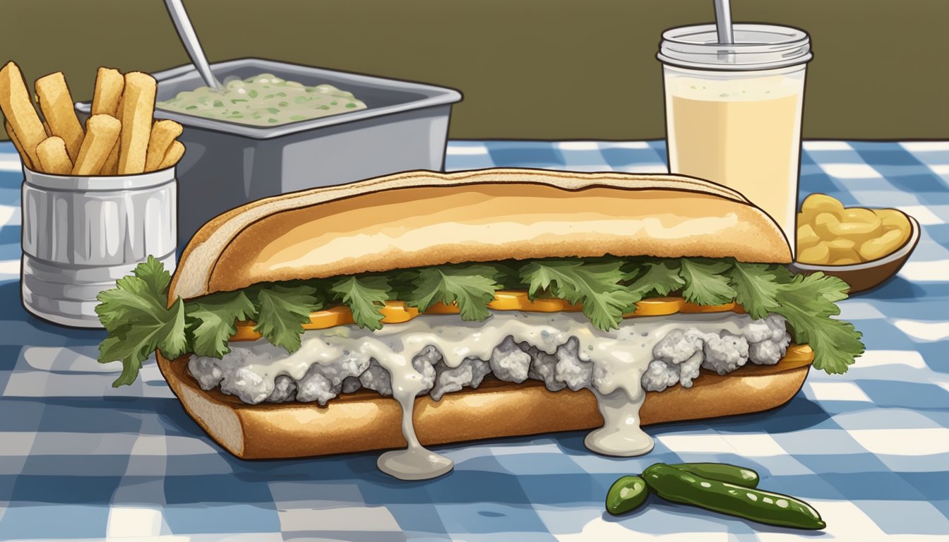 A crispy oyster po' boy sandwich dripping with Augustus Ranch Jalapeño Sauce on a checkered picnic table