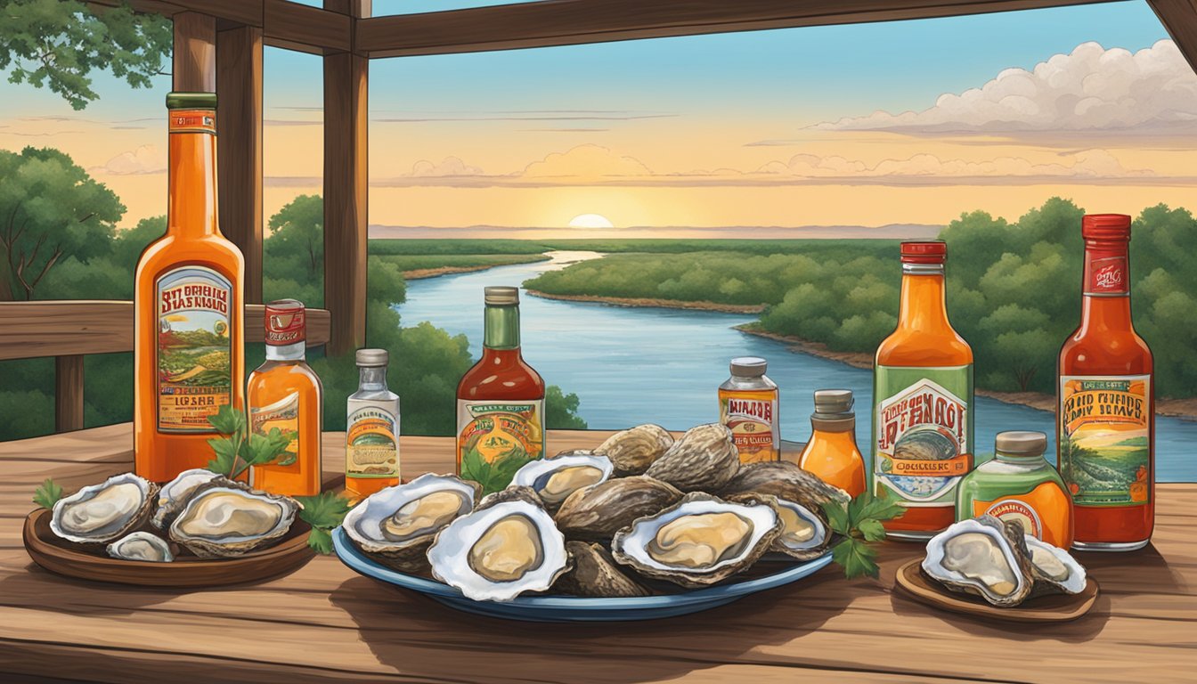 A table set with a variety of oysters and bottles of Texas hot sauce, with a backdrop of a Texas landscape